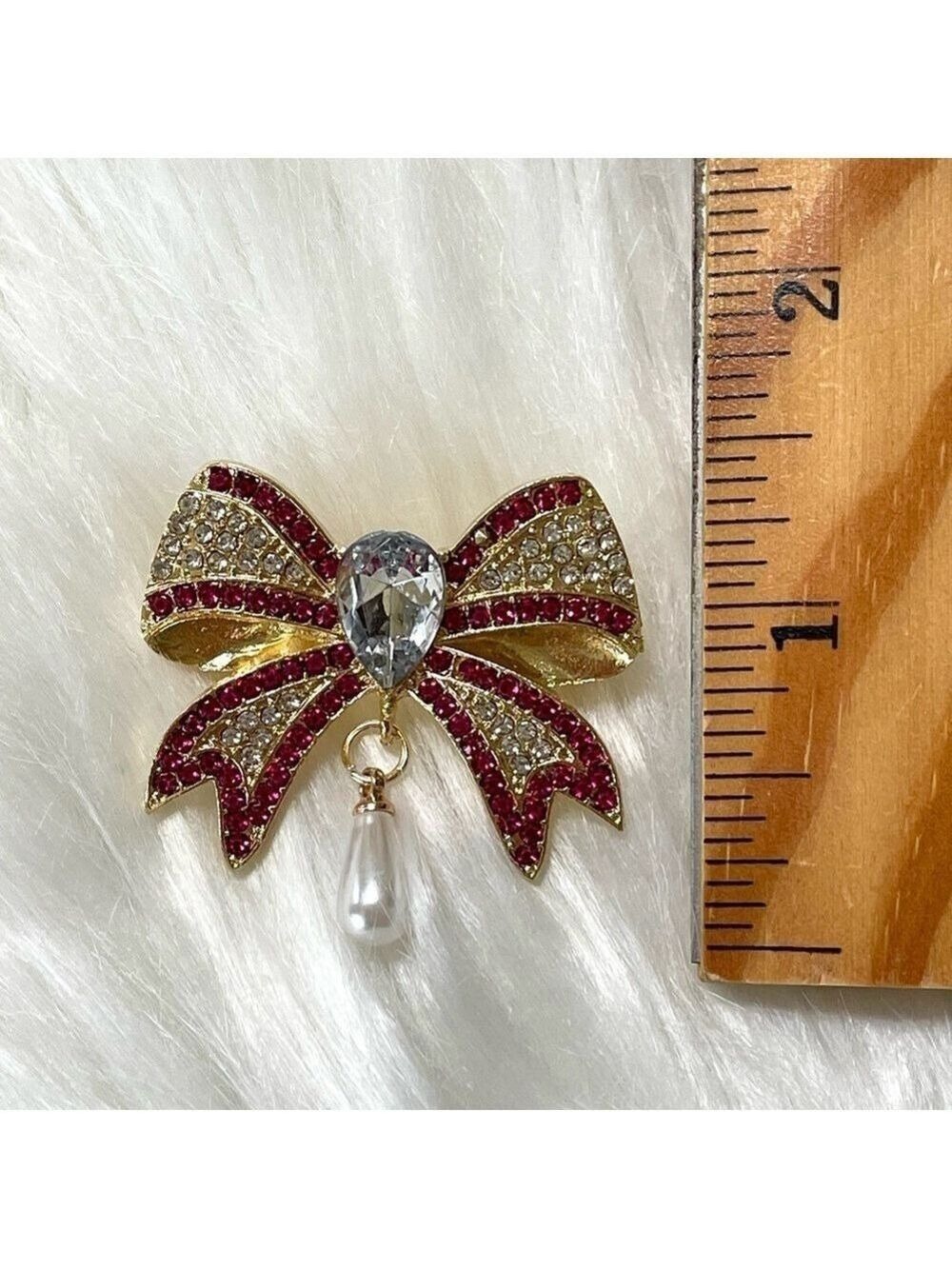 Bow Brooch Gold Tone Pink and Clear Crystals Pearl Drop - Picture 4 of 5